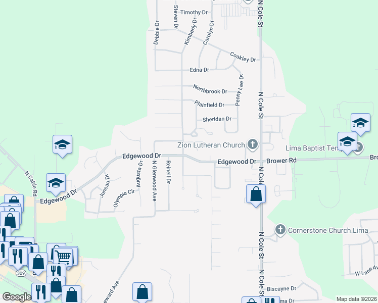 map of restaurants, bars, coffee shops, grocery stores, and more near 1550 Edgewood Drive in Lima