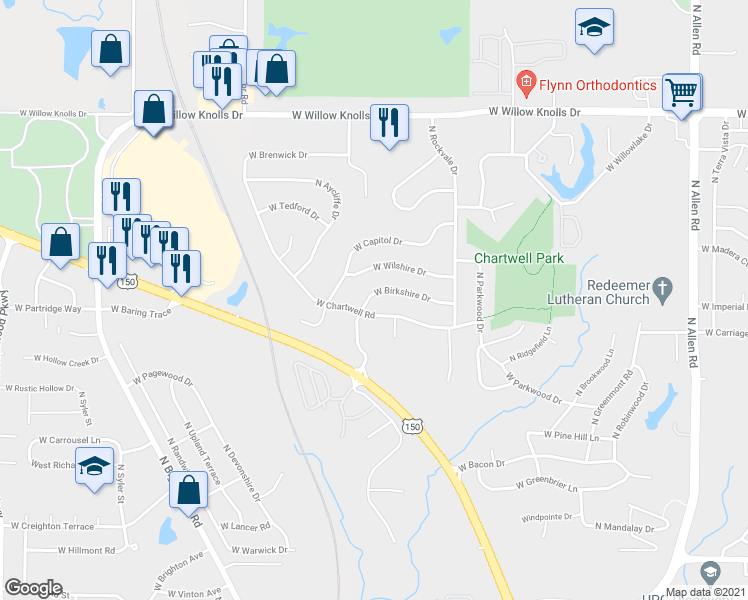 map of restaurants, bars, coffee shops, grocery stores, and more near 3309 W Chartwell Rd in Peoria