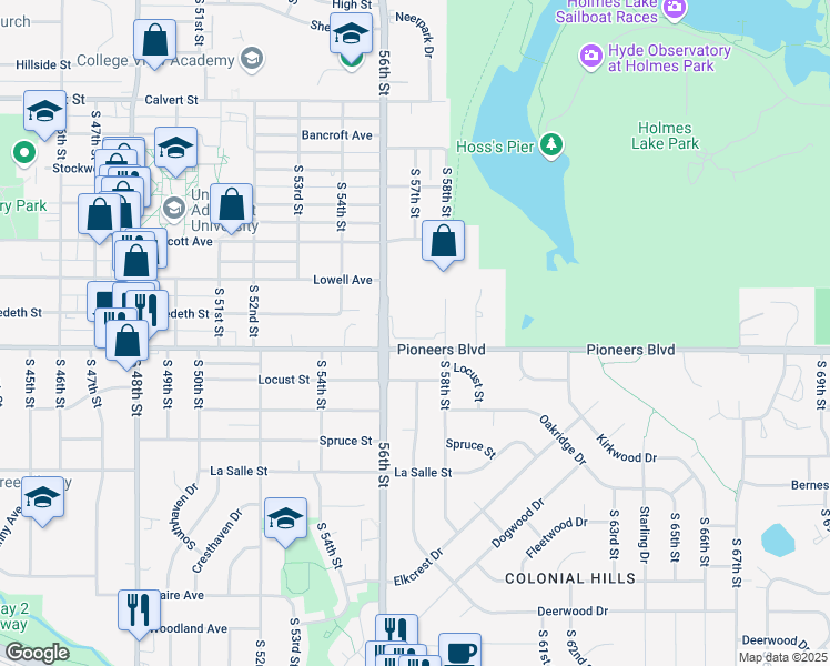 map of restaurants, bars, coffee shops, grocery stores, and more near 5625 Pioneers Boulevard in Lincoln