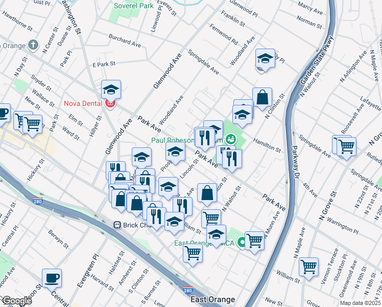 map of restaurants, bars, coffee shops, grocery stores, and more near 491 Park Avenue in East Orange