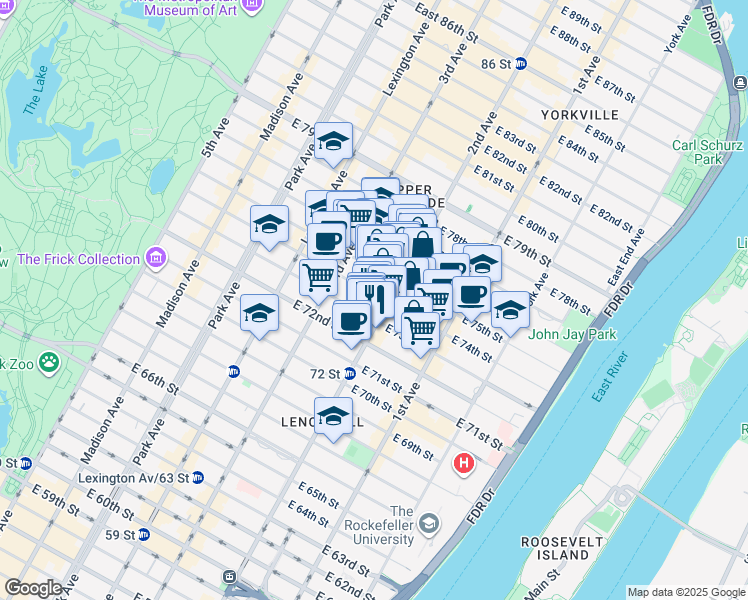 map of restaurants, bars, coffee shops, grocery stores, and more near 250 East 74th Street in New York