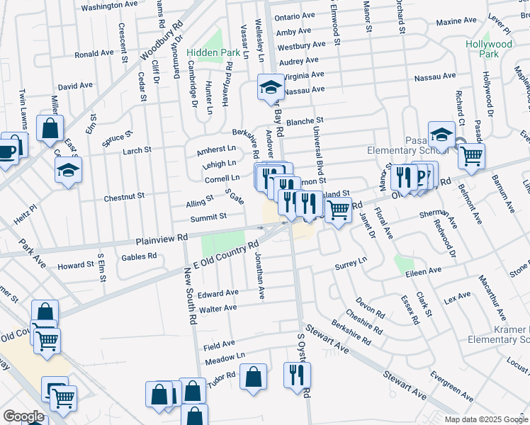 map of restaurants, bars, coffee shops, grocery stores, and more near 430 Plainview Road in Hicksville