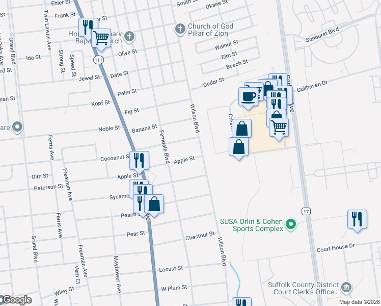 map of restaurants, bars, coffee shops, grocery stores, and more near 11 Apple Street in Central Islip
