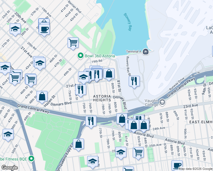 map of restaurants, bars, coffee shops, grocery stores, and more near 21-17 78th Street in Queens