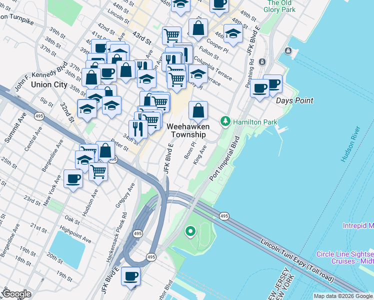 map of restaurants, bars, coffee shops, grocery stores, and more near 24-26 Bonn Place in Weehawken Township