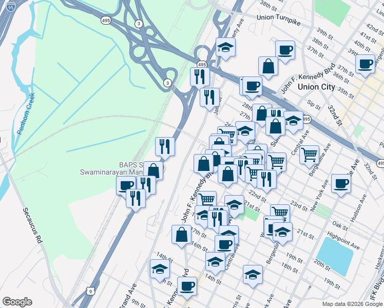 map of restaurants, bars, coffee shops, grocery stores, and more near 2201 Grand Avenue in North Bergen