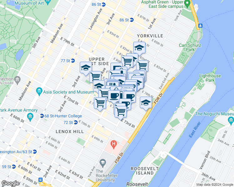 map of restaurants, bars, coffee shops, grocery stores, and more near 404 East 76th Street in New York