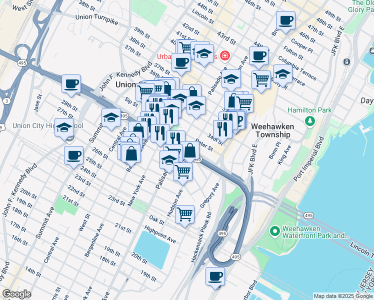 map of restaurants, bars, coffee shops, grocery stores, and more near 35 31st Street in Union City