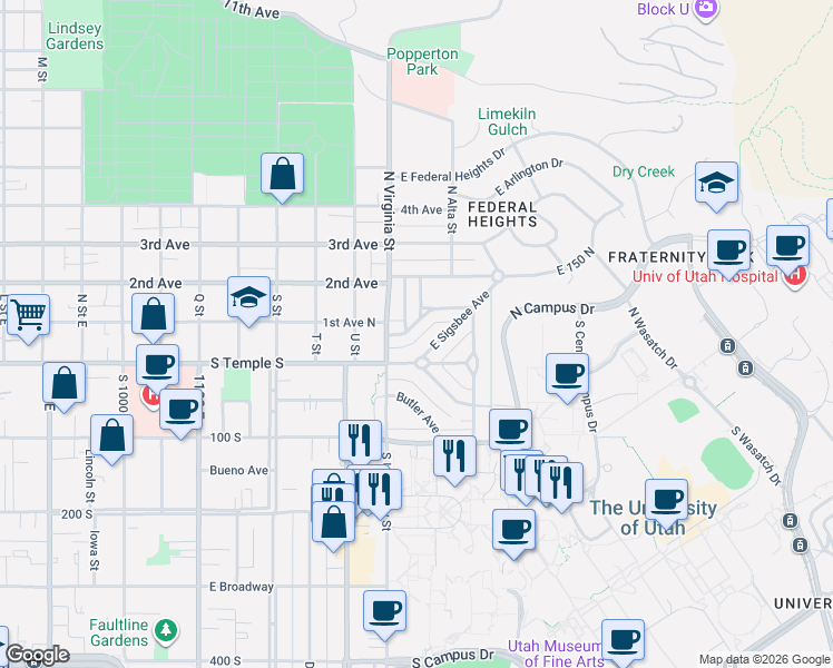 map of restaurants, bars, coffee shops, grocery stores, and more near 1376 Perry Avenue in Salt Lake City
