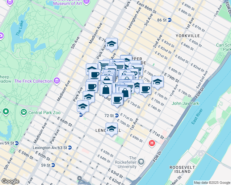 map of restaurants, bars, coffee shops, grocery stores, and more near 220 East 73rd Street in New York