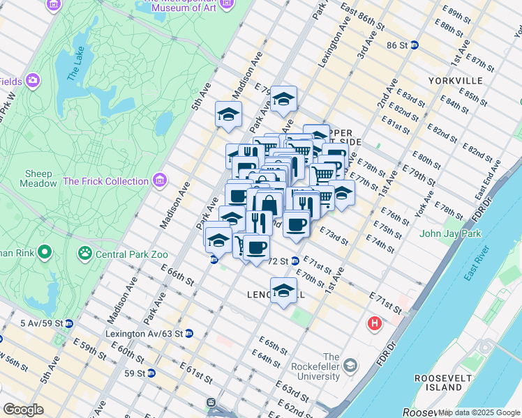 map of restaurants, bars, coffee shops, grocery stores, and more near 157 East 72nd Street in New York