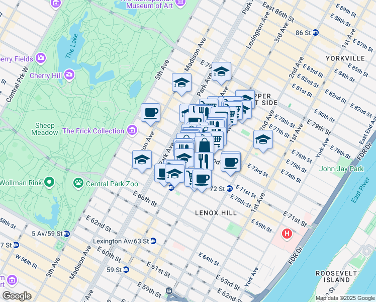 map of restaurants, bars, coffee shops, grocery stores, and more near 158 East 72nd Street in New York
