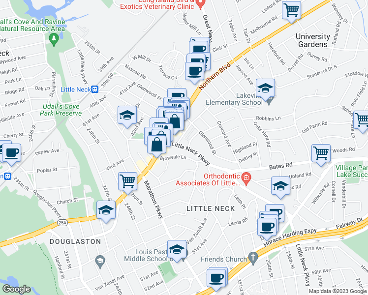 map of restaurants, bars, coffee shops, grocery stores, and more near 46-16 Little Neck Parkway in Queens