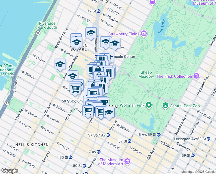 map of restaurants, bars, coffee shops, grocery stores, and more near 36 Central Park West in New York