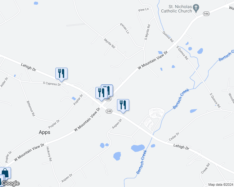 map of restaurants, bars, coffee shops, grocery stores, and more near 4587 West Mountain View Drive in Walnutport