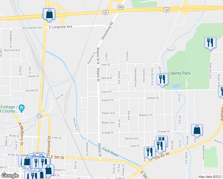 map of restaurants, bars, coffee shops, grocery stores, and more near 289 Grace Street in Mansfield