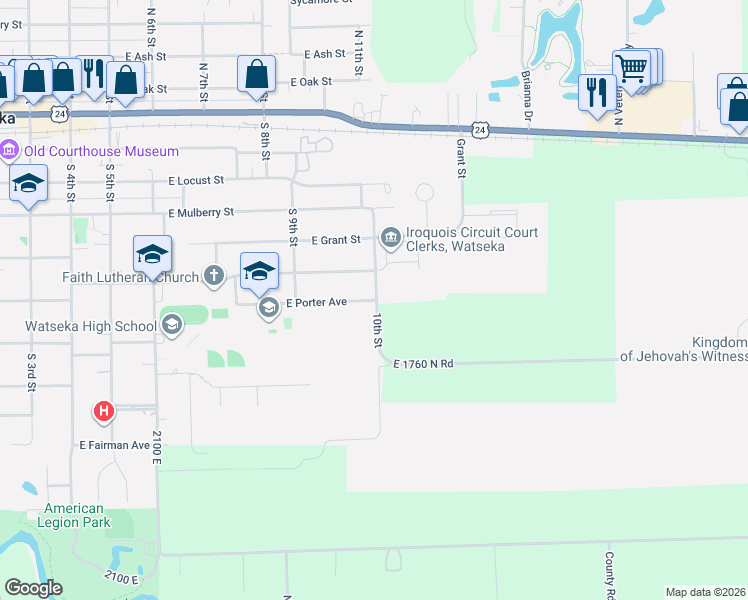 map of restaurants, bars, coffee shops, grocery stores, and more near 697 East Porter Avenue in Watseka