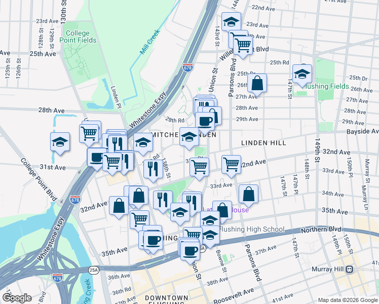map of restaurants, bars, coffee shops, grocery stores, and more near 31-15 140th Street in Queens