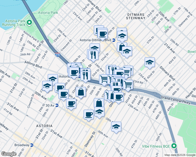 map of restaurants, bars, coffee shops, grocery stores, and more near 2424R 35th Street in Queens