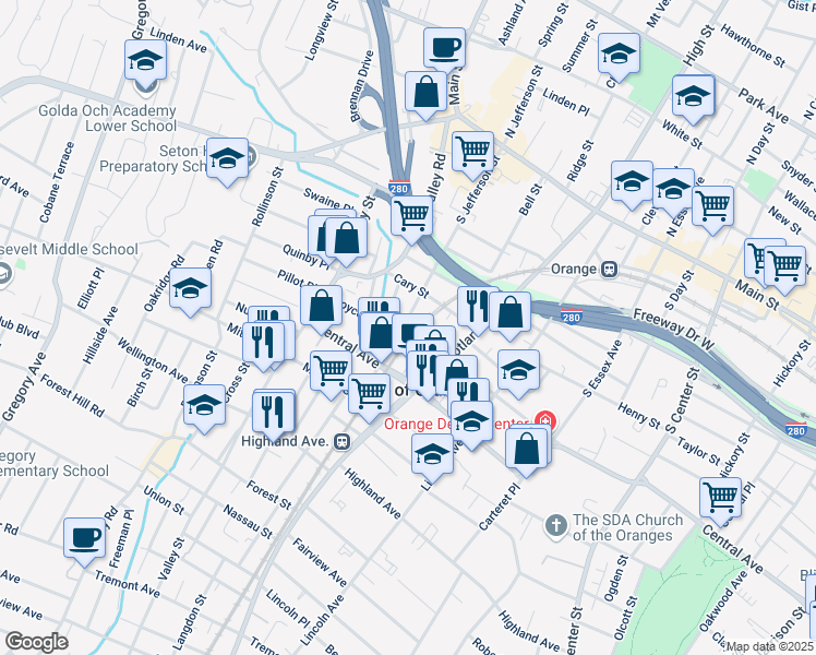 map of restaurants, bars, coffee shops, grocery stores, and more near 232 South Jefferson Street in City of Orange