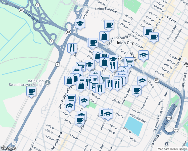 map of restaurants, bars, coffee shops, grocery stores, and more near 2500 John F. Kennedy Boulevard in Union City