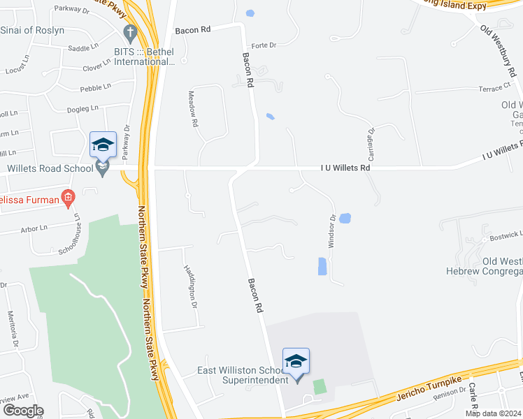 map of restaurants, bars, coffee shops, grocery stores, and more near 75 Bacon Road in Old Westbury