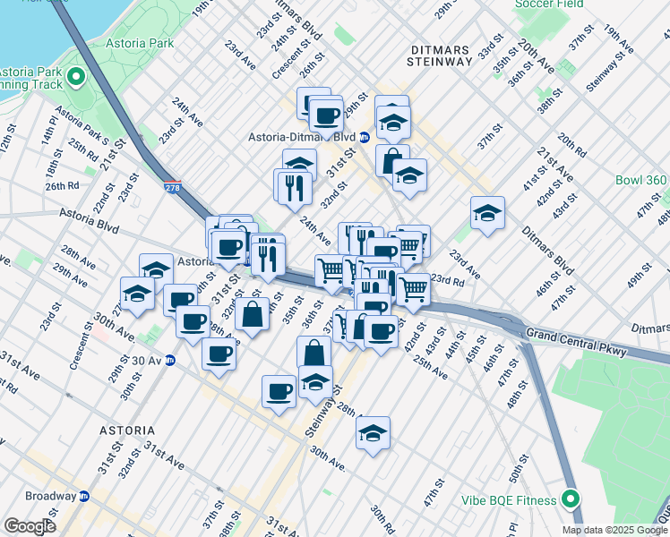 map of restaurants, bars, coffee shops, grocery stores, and more near 24-16 36th Street in Queens