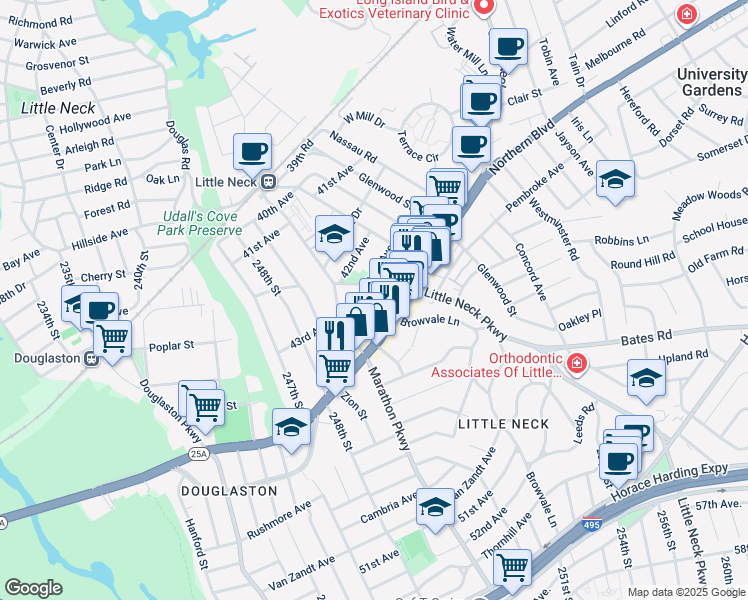 map of restaurants, bars, coffee shops, grocery stores, and more near 252-11 Little Neck Parkway in Queens
