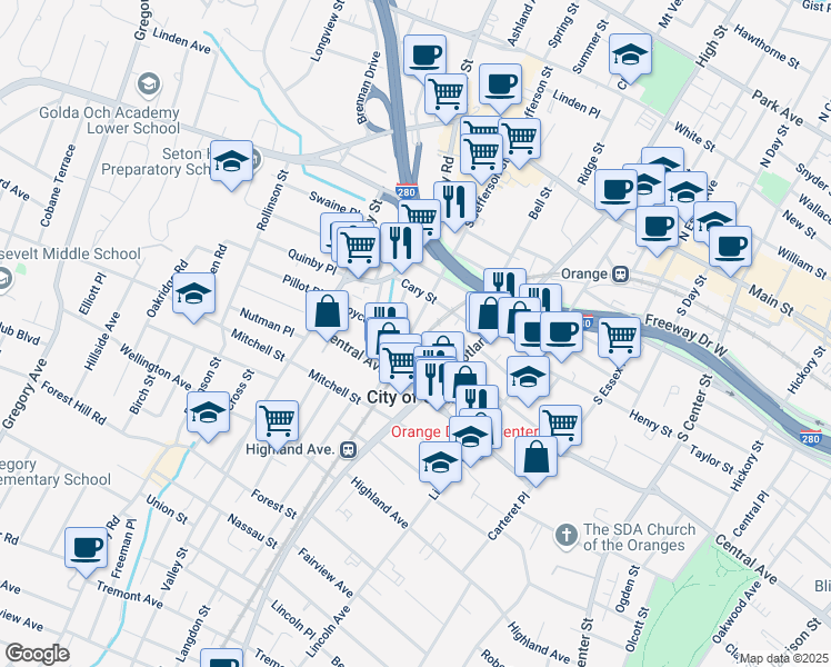 map of restaurants, bars, coffee shops, grocery stores, and more near 232 South Jefferson Street in City of Orange