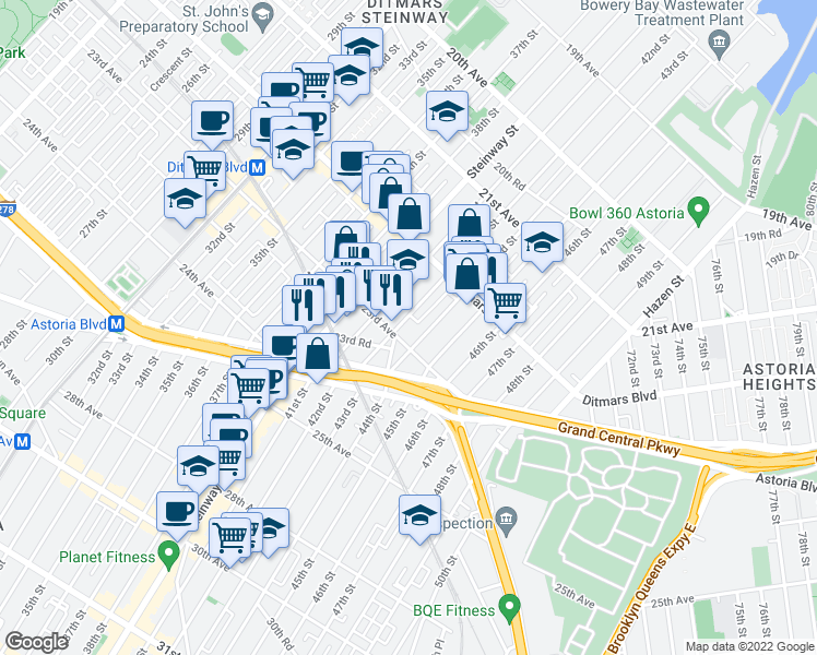 map of restaurants, bars, coffee shops, grocery stores, and more near 22-67 42nd Street in Queens