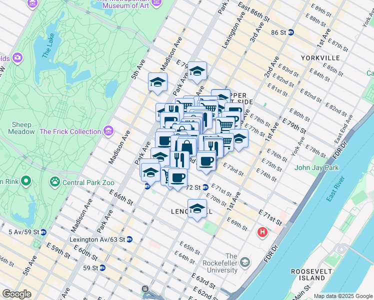 map of restaurants, bars, coffee shops, grocery stores, and more near 1230 3rd Avenue in New York