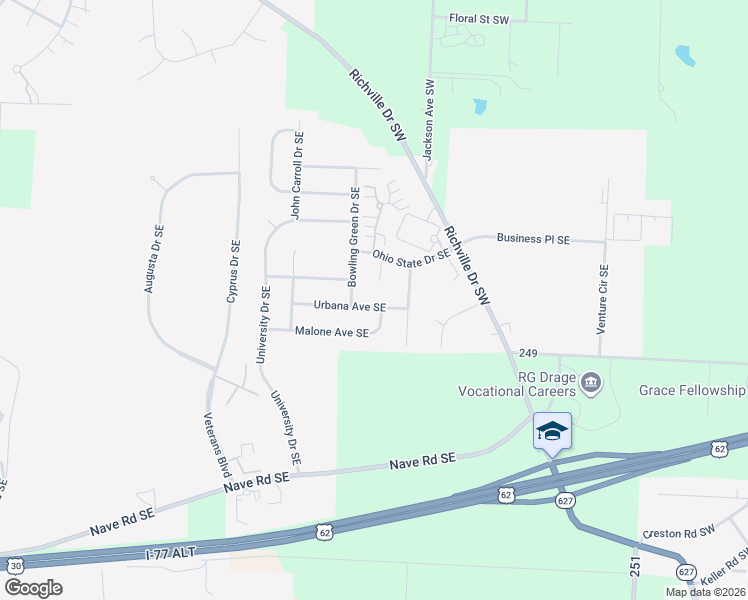 map of restaurants, bars, coffee shops, grocery stores, and more near 2595 Urbana Avenue Southeast in Massillon