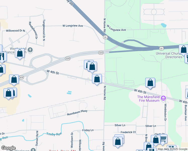 map of restaurants, bars, coffee shops, grocery stores, and more near in Mansfield