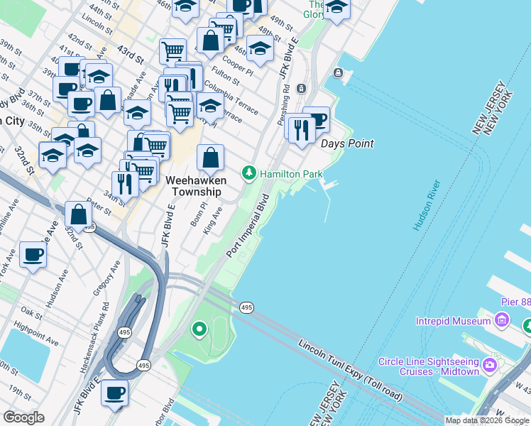 map of restaurants, bars, coffee shops, grocery stores, and more near 14 Regency Place in Weehawken