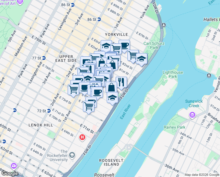 map of restaurants, bars, coffee shops, grocery stores, and more near 520 East 77th Street in New York