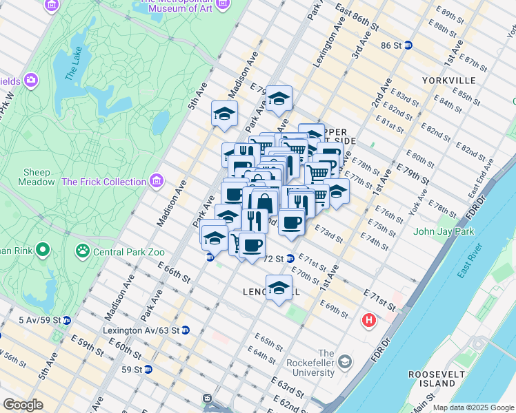 map of restaurants, bars, coffee shops, grocery stores, and more near 1230 3rd Avenue in New York