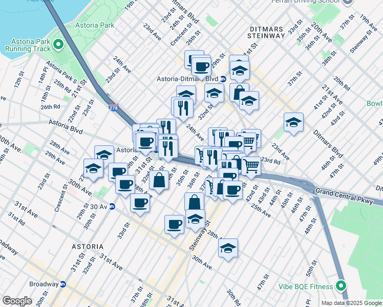 map of restaurants, bars, coffee shops, grocery stores, and more near 2424R 35th Street in Queens