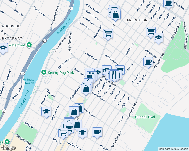 map of restaurants, bars, coffee shops, grocery stores, and more near 570 Kearny Avenue in Kearny
