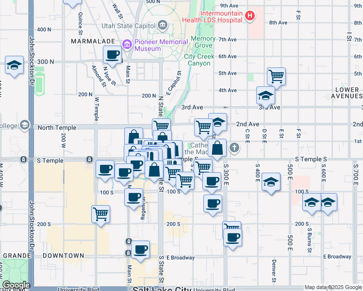 map of restaurants, bars, coffee shops, grocery stores, and more near 126 1st Avenue North in Salt Lake City