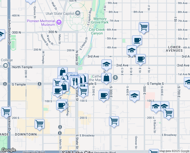 map of restaurants, bars, coffee shops, grocery stores, and more near 150 East 1st Avenue in Salt Lake City