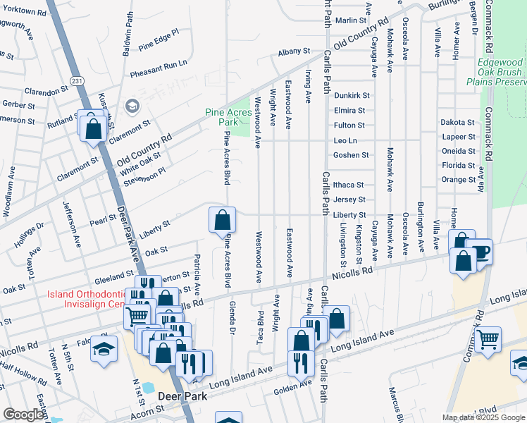 map of restaurants, bars, coffee shops, grocery stores, and more near 39 Westwood Avenue in Deer Park
