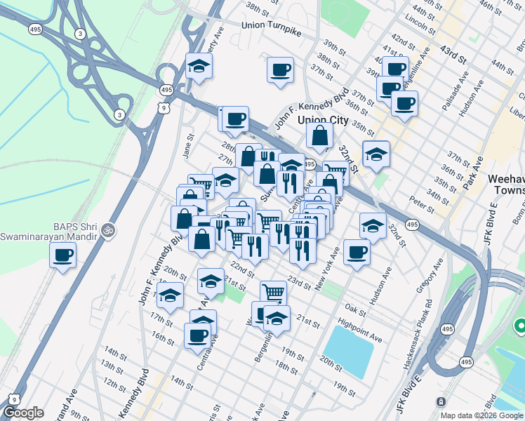 map of restaurants, bars, coffee shops, grocery stores, and more near 2500 Summit Avenue in Union City