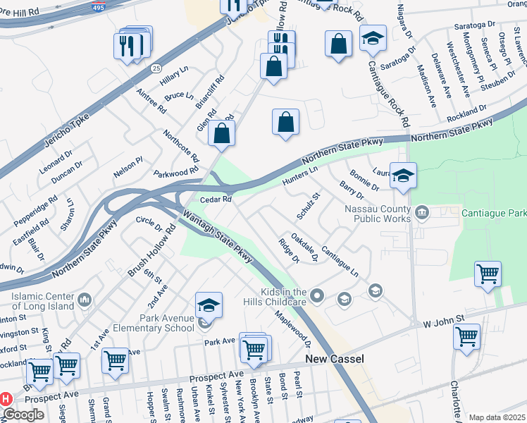 map of restaurants, bars, coffee shops, grocery stores, and more near 22 Ridge Drive in Westbury
