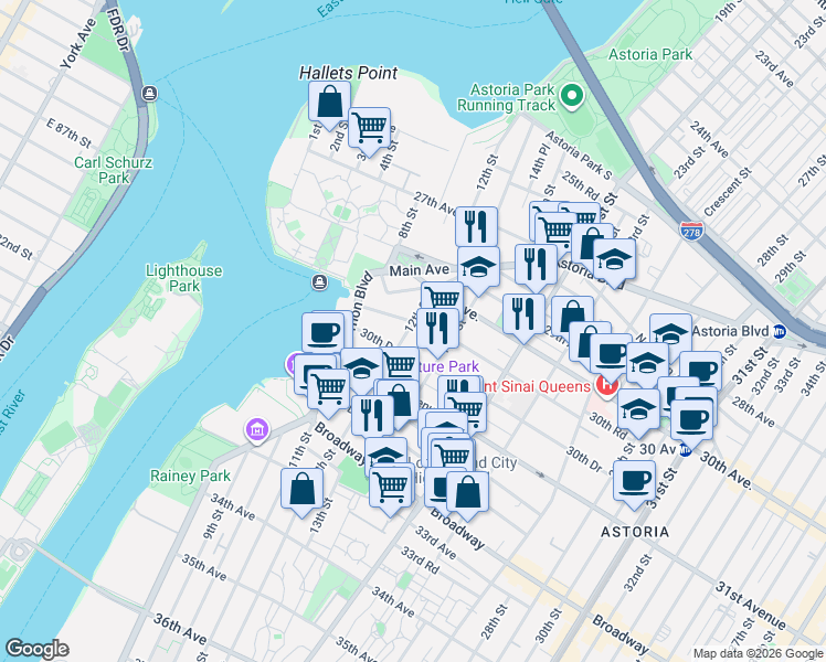 map of restaurants, bars, coffee shops, grocery stores, and more near in Queens