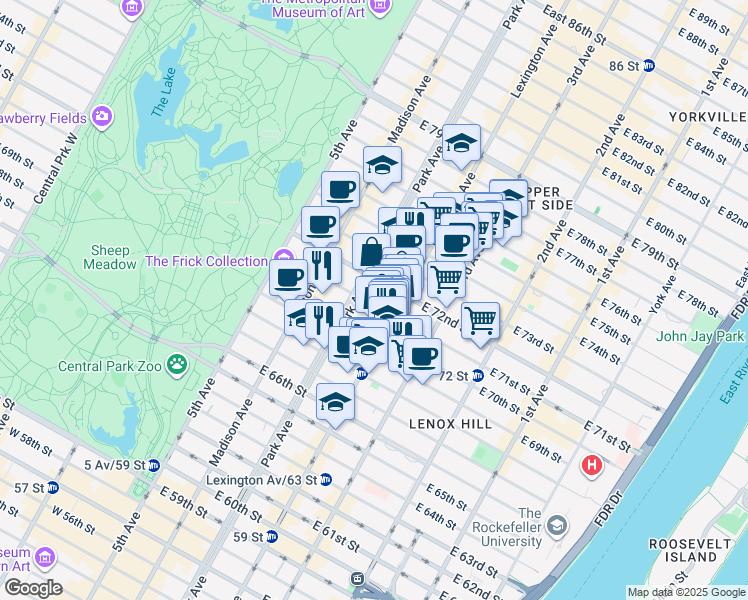map of restaurants, bars, coffee shops, grocery stores, and more near 117 East 71st Street in New York