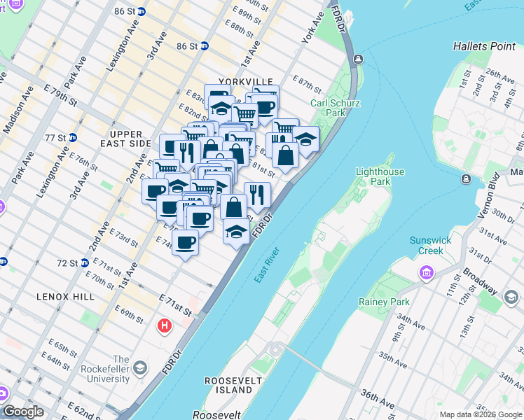 map of restaurants, bars, coffee shops, grocery stores, and more near 666 East 79th Street in New York