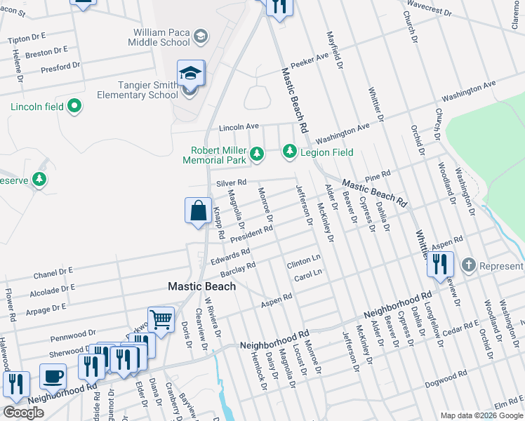 map of restaurants, bars, coffee shops, grocery stores, and more near 117 Pine Road in Mastic Beach
