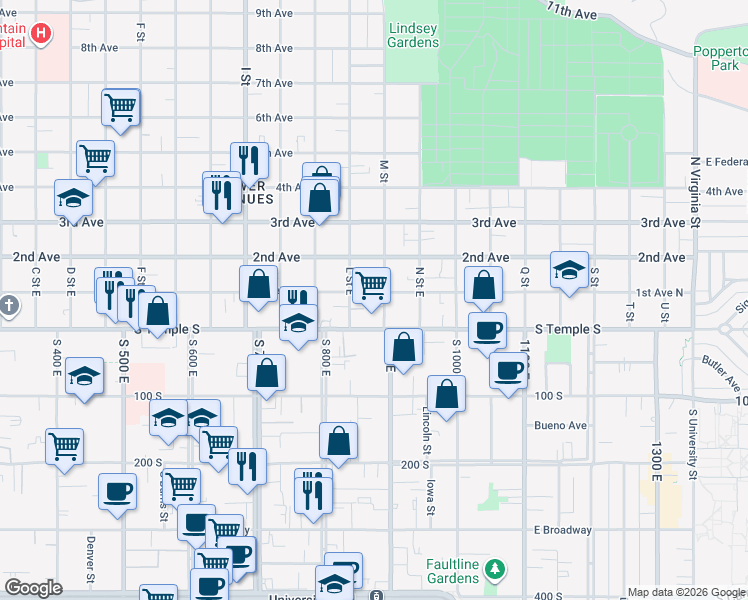map of restaurants, bars, coffee shops, grocery stores, and more near 31 M Street in Salt Lake City