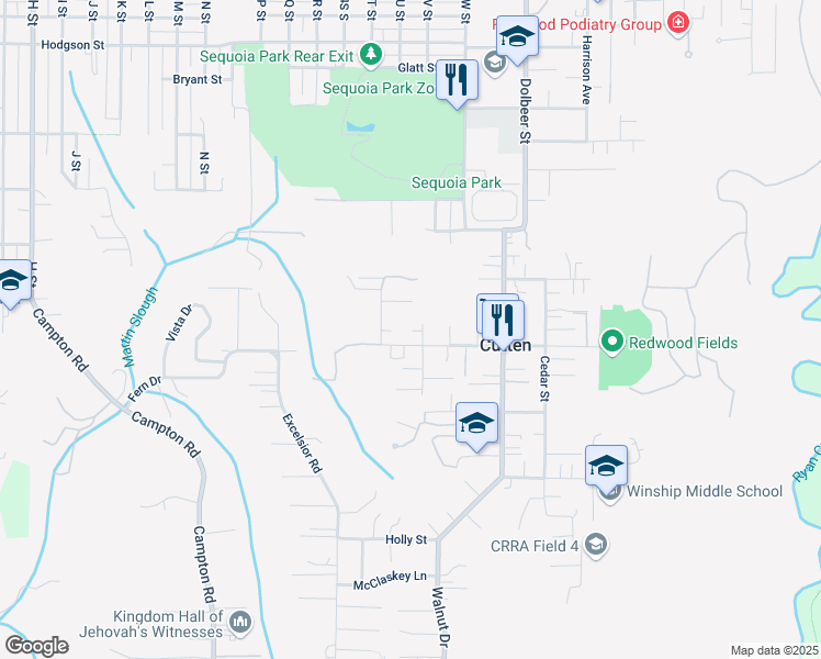 map of restaurants, bars, coffee shops, grocery stores, and more near 3976 V Street in Eureka