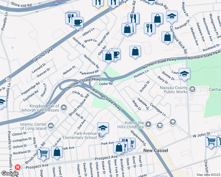 map of restaurants, bars, coffee shops, grocery stores, and more near 16 Cedar Road in Westbury